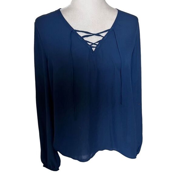 Abbeline navy semi sheer small lace up front blouse - Picture 1 of 5
